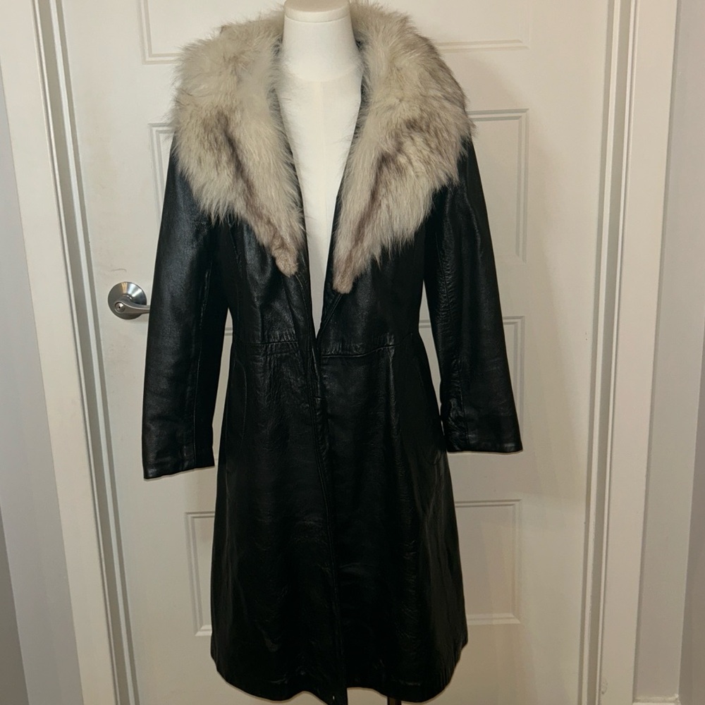 Vintage Black Leather Long Coat with Real Fur Collar | Genuine Leather XS-S